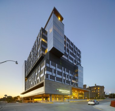 View of the 10-story building from the South.