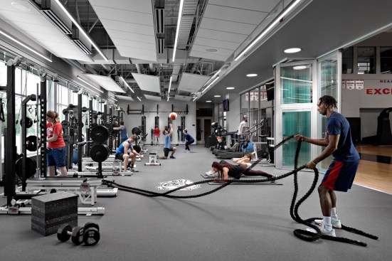 The weight training center provides student athletes with a variety of options for strength and conditioning in a setting filled with natural daylight.