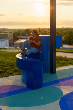 The colors and curved forms of the work were created to evoke a calming feeling within the space..