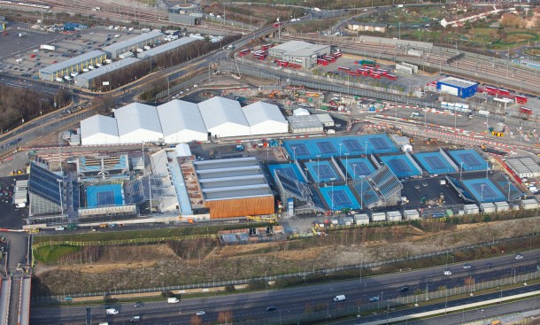 Aerial view showing Eton Manor and surrounding courts.