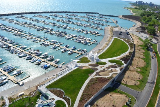 Aerial view of marina and adjacent public park.