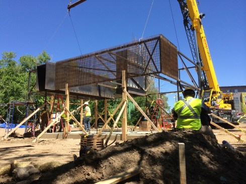 Crane erecting the canopy