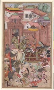 Babur and his army leaving the Khwaja Didar Fort circa 1497, as seen in a "Baburnama" manuscript