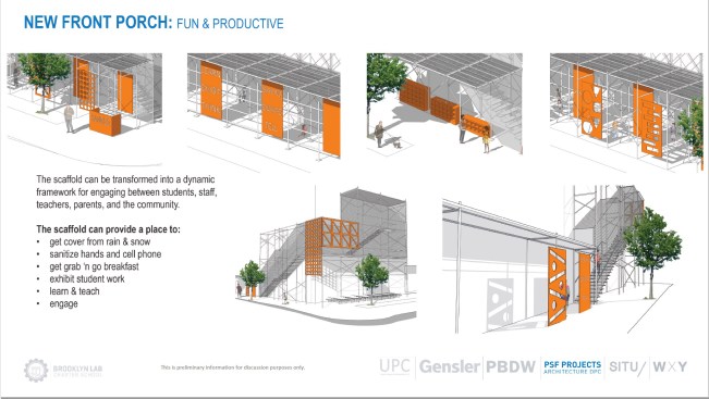 PSF Projects considers several different proposals for a front porch to shelter students during arrival, some of which include a scaffold of additional stairs to speed entry.