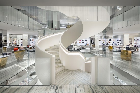A view of the spiral stair looking toward the Accessories Department