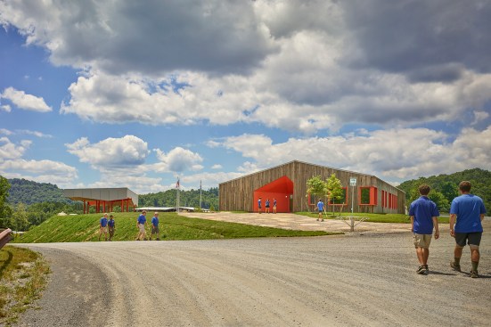 View of Basecamp Delta from northeast, with pavilion at left, flag plaza at center, and headquarters at right