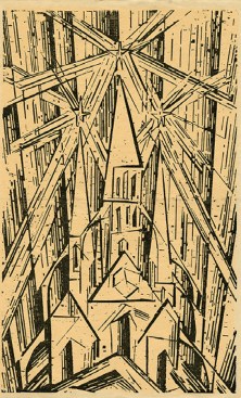 A woodcut of a cathedral by Lyonel Feininger, which Gropius used as the cover for his Bauhaus manifesto in 1919