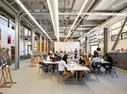 Painting studio is filled with north light, and open to the gallery via sectional overhead doors.