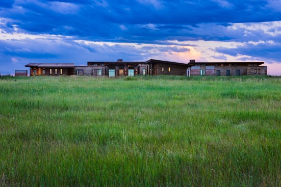 Exterior, horizontal, overall front elevation at twilight, Earth Wall II, Squirrel, Idaho; Ward + Blake Architects