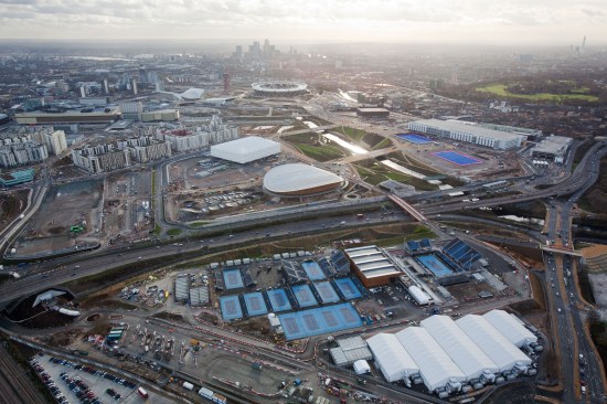 Aerial view of London 2012 complex with Eton Manor at foreground.