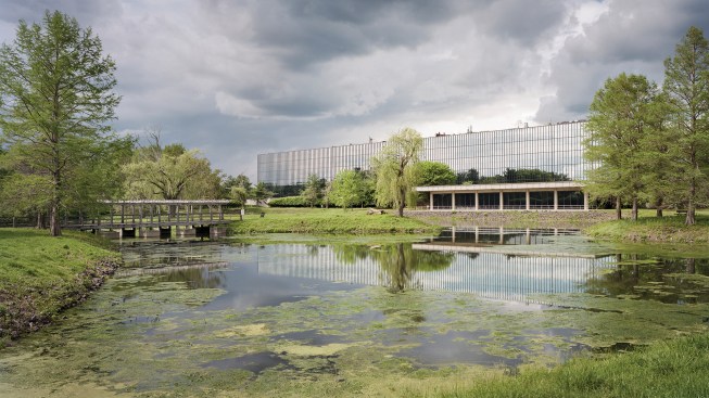 Bell Labs from southwest, looking across ornamental lake