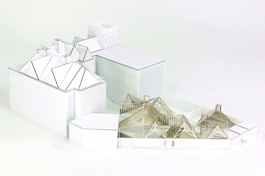 Besler & Sons’ proposal for the 2015 MoMA PS1 Young Architects Program replicated the museum’s existing roof framing to create a sunshading system for the PS1 courtyard.