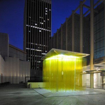 William Pereira's LACMA and 5900 Wilshire buildings, with installation of Jesús Rafael Soto's 1990 sculpture, Penetrable