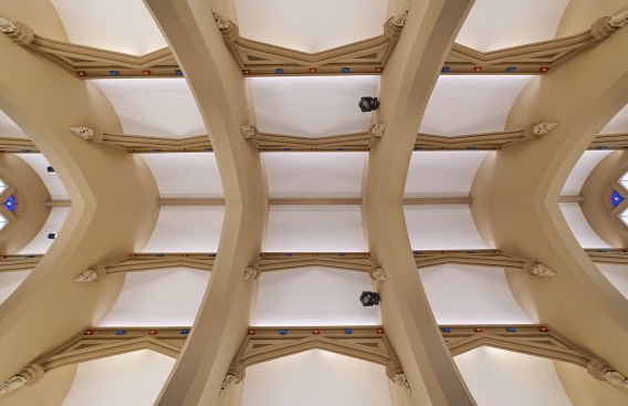 Integral linear tape light with narrow optics mounted to each of the purlins emphasize the character of the ceiling.