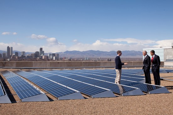 Then-President Barack Obama with then-Vice President, now President-elect, Joe Biden speaks with Namasté Solar Electric co-founder Blake Jones at the Denver Museum of Nature and Science in February 2009. 
Official White House Photo by Pete Souza.