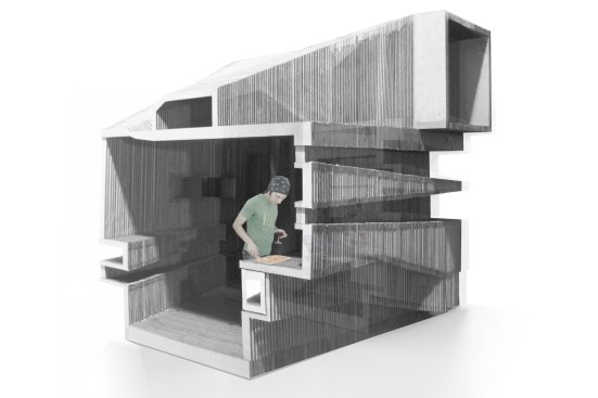 Assembled in a forest outside Stuttgart, the Bloodline grilling pavilion “is consumed as the grill is used, gradually revealing the asymmetric fire-space inside,” O’Donnell says.