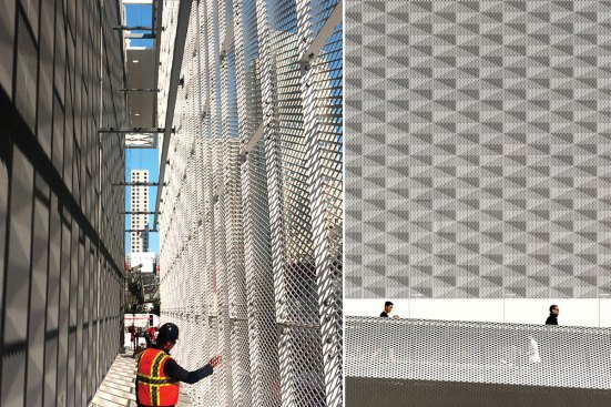 Close-up of the staggered panels creating the rigidity to eliminate a complex steel backing system at Moscone Convention Expansion.
