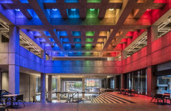 Color-changing LED luminaires, Boston City Hall lobby