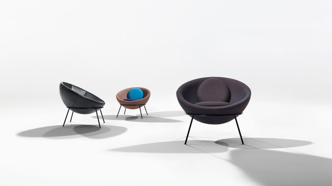 Some of the special edition Bowl Chairs that Arper is releasing for the centennial of Bo Bardi's birth.