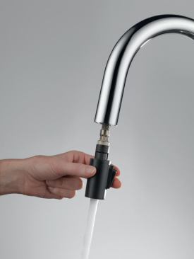 Brizo. The wand of the MVP award-winning Solna pull-down faucet hides within the spout, pulling out with just an index finger hooked around the back. The firm says it easily snaps into place because of MagneDock technology. The sleek, minimal design is easy to clean, and a self-polishing diamond valve prevents mineral build-up for a valve that lasts 10 times the industry standard, the company claims. 877.345.2749. www.brizo.com.