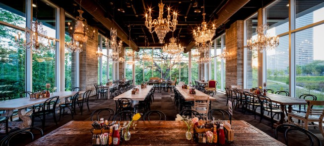 Restaurant interior, featuring the proprietor's collection of chandeliers.