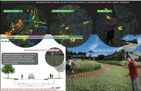 Building C-Burbia, designed by the team of the City College of New York Bernard and Anne Spitzer School of Architecture, Landscape Architecture Program (Denise Hoffman Brandt, Alexa Helsell, and Bronwyn Gropp).
Juror Statement: "A landscape proposition at multiple scales for addressing climate change with an exciting new kind of infrastructure designed to efficiently sequester carbon in plantings."