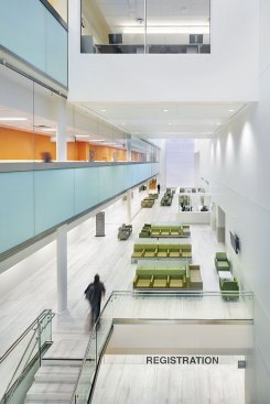 The atrium resets the building’s focus and provides a new community gathering space for the entire hospital with dedicated corridors for patient transfer on third and fourth floors.