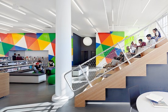 Bleacher, entry, L-bracket lounge with color field.
