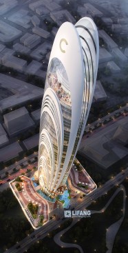 Aerial of the high rise building Rendering