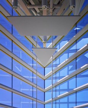 Performance Hall detail of building “nose.”  Ceiling panels provide acoustical tuning and obscure acoustical surfaces.  