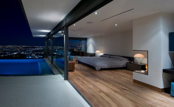 Hopen Place Hollywood Hills modern poolside glass wall bedroom 