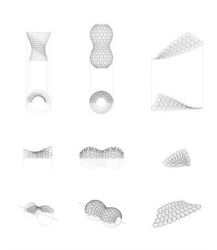In order to achieve variation with something as static as a grid, the team looked to rotating the grid around different points and axes to change the form. By experimenting with vertical or slightly canted horizontal axes, the team was able to make the grid shift, bend, and twist in ways that informed the final geometry of the pavilion.