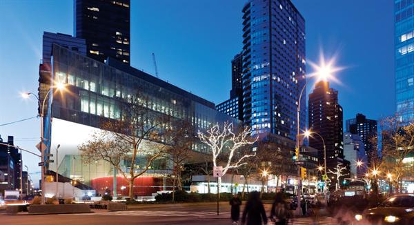 ... the new one makes visibilty of priority, and uses two types of curtain wall to achieve it. The lower lobby level is a one-way cable-net system by W&W Glass, and the Juilliard expansion on the upper floors is clad in a glass-fin curtain wall designed by R.A. Heintges & Associates and manufactured by Seele.