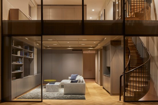Family Room with custom bronze and glass sliding privacy doors