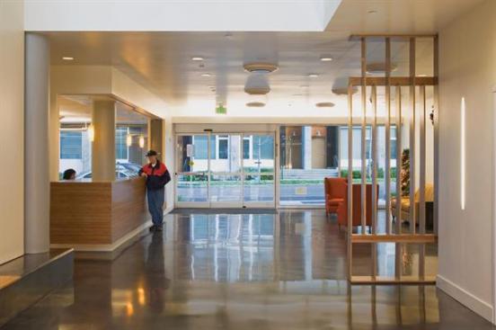 Lots of daylighting and natural ventilation enhance both the public and private spaces. The architects expect the project to receive LEED Gold certification.