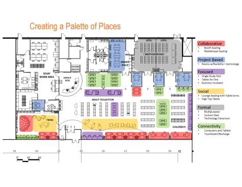 Diagram of the variety of seating areas options throughout the library
