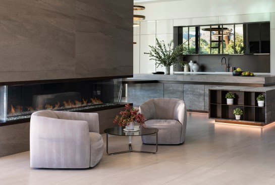 Serenity Indian Wells luxury modern home open plan kitchen with fireside seating area