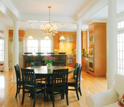 Inside, using pillars instead of solid walls enhances traffic flow and sight lines.