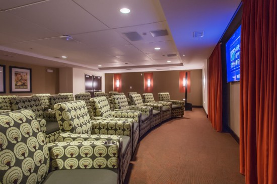 The theater room designed by studioSIX5 at Wind Crest Continuing Care Retirement Community in Highlands Ranch, Colorado.