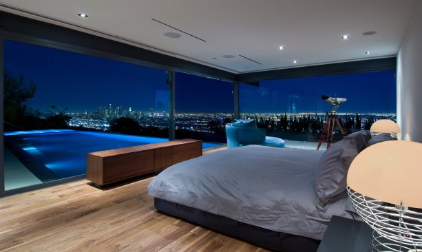 Hopen Place Hollywood Hills luxury glass wall bedroom with views