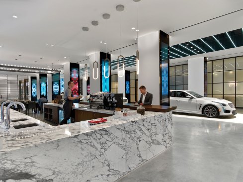 Decorative pendants provide a design accent over the coffee bar.