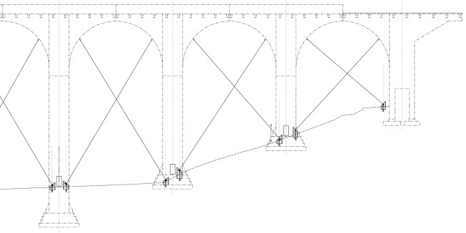 A section through one end of the site illustrates the steep terrain conditions and the different fixture locations required to create the proper aiming angles to illuminate the bridge arches.
