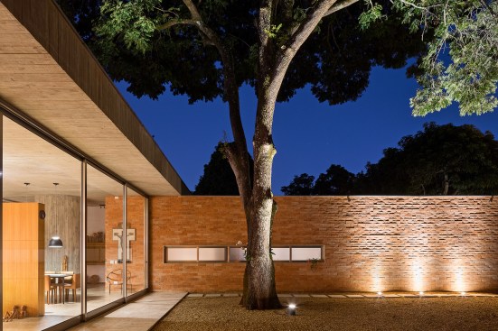 Entry courtyard at night.