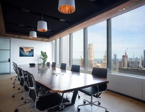 Reclaimed Wood Soffit Boardroom with Woodsy Pendants