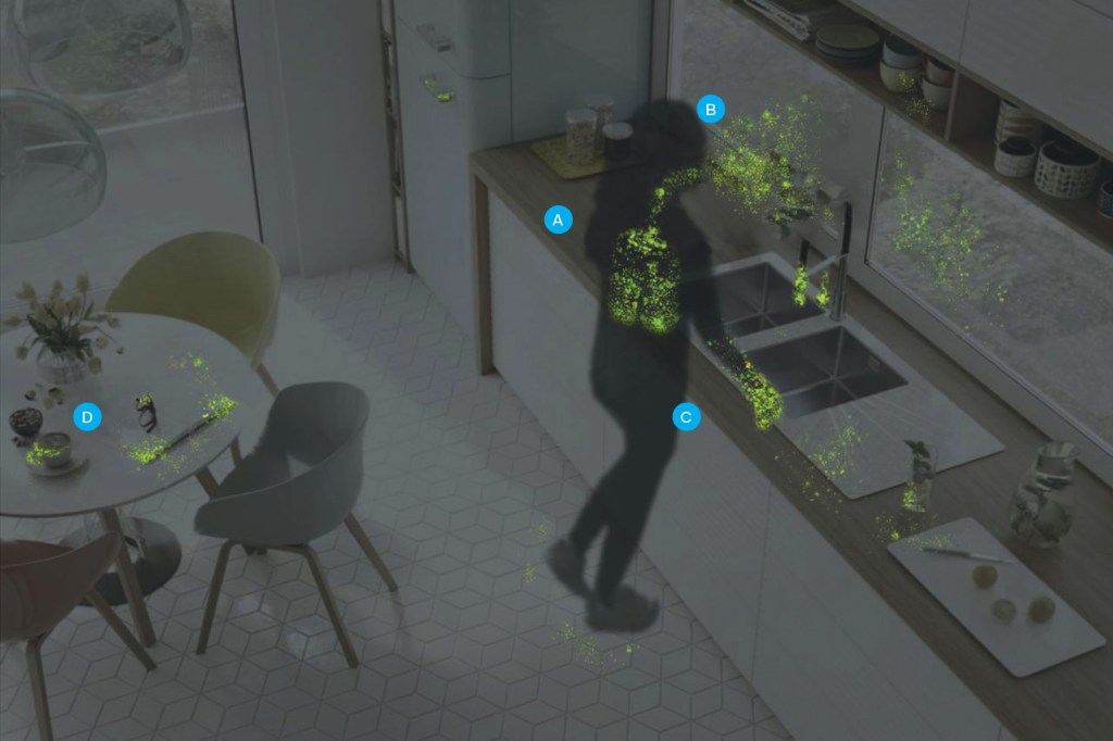 Fig. 1: Conceptualization of SARS-CoV-2 Deposition(A) Once an individual has been infected with SARS-CoV-2, viral particles accumulate in the lungs and upper respiratory tract.  (B) Droplets and aerosolized viral particles are expelled from the body through daily activities—such as coughing, sneezing, and talking—and nonroutine events—such as vomiting—and can spread to nearby surroundings and individuals.  (C, D) Viral particles, excreted from the mouth and nose, are often found on the hands (C) and can be spread to commonly touched items (D) such as computers, glasses, faucets, and countertops. There are currently no confirmed cases of fomite-to-human transmission, but viral particles have been found on abiotic built environment surfaces.