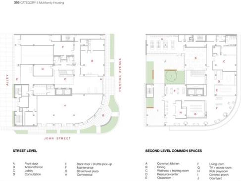 Floor plans for the building's first and second levels.