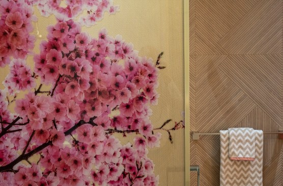 Serenity Indian Wells modern home luxury bedroom design with oversize floral wall art graphic 