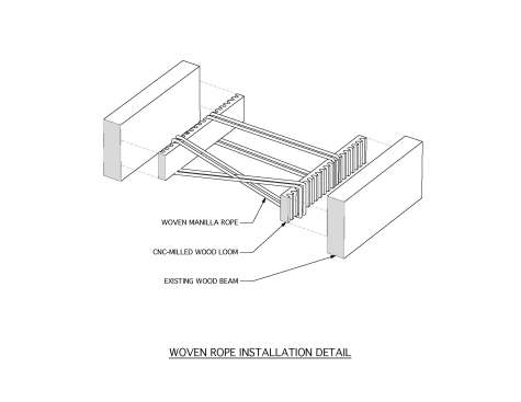 A detail of how the architects installed the woven rope throughout the ceiling beams.