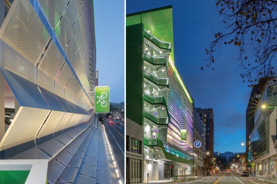 Left: Perforated metal screens are illuminated from the front and back. Right: Looking up Center Street toward the University of California, Berkeley campus