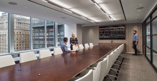 An expansive Board Room capturing Midtown scenery provides a quiet, high-tech meeting space, and features video conferencing and “smart glass” technology which provides levels of privacy with the flip of a switch.